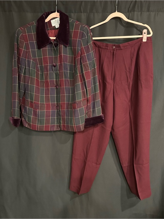 Valerie Stevens Pants - Valerie Stevens Burgundy Plaid Jacket with Matching Solid Burgundy Pants
